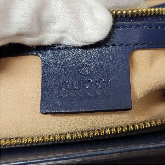 Gucci Dark Blue Leather Shoulder Bag with Gold Accents - Picture 13 of 16